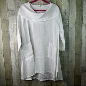Match Point Linen XL White Bertha Collar 1/2 Sleeve Oversized Tunic W/Pockets